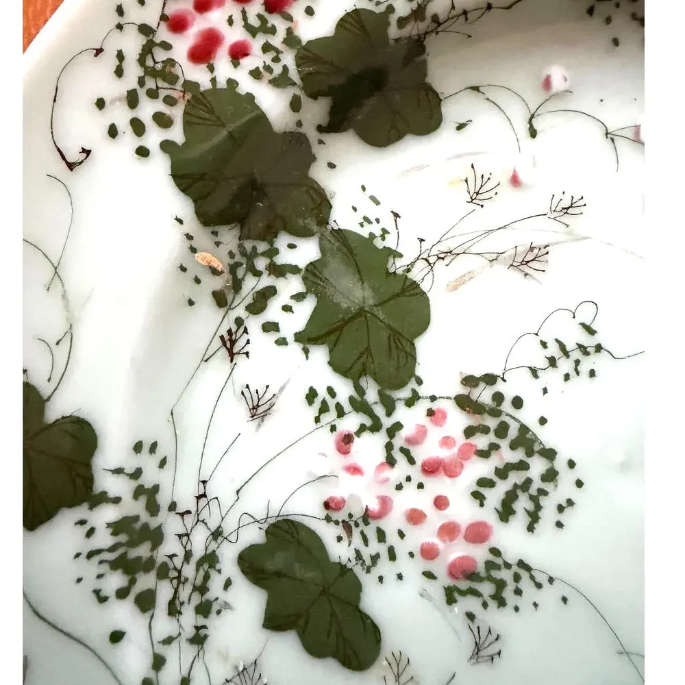 Antique Japanese Hand Painted Celadon Jade Plate Floral Raised Painting Bird